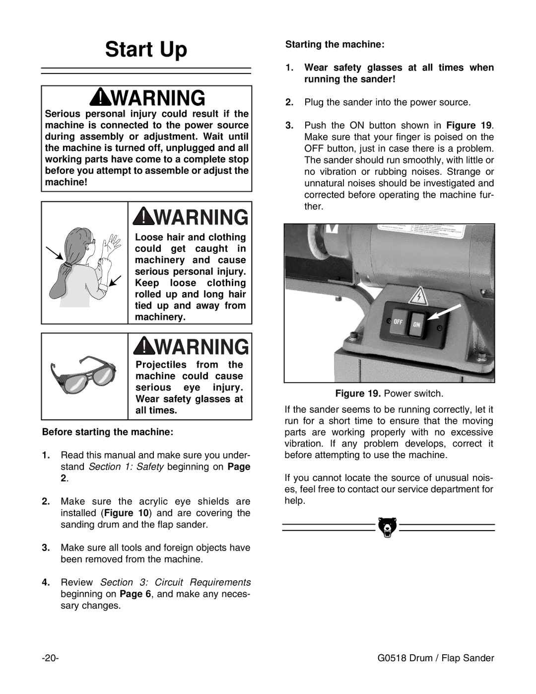 Grizzly G0518 instruction manual Start Up 