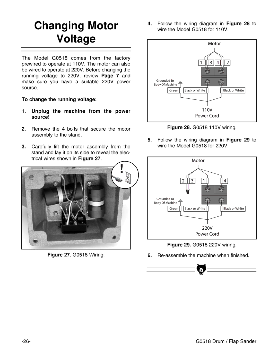 Grizzly G0518 instruction manual Changing Motor Voltage 