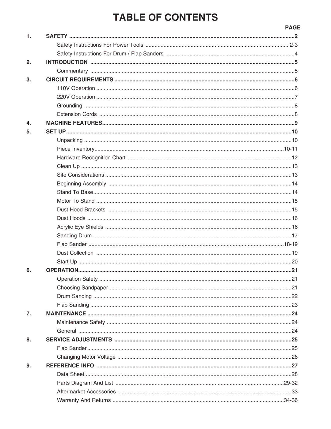 Grizzly G0518 instruction manual Table of Contents 