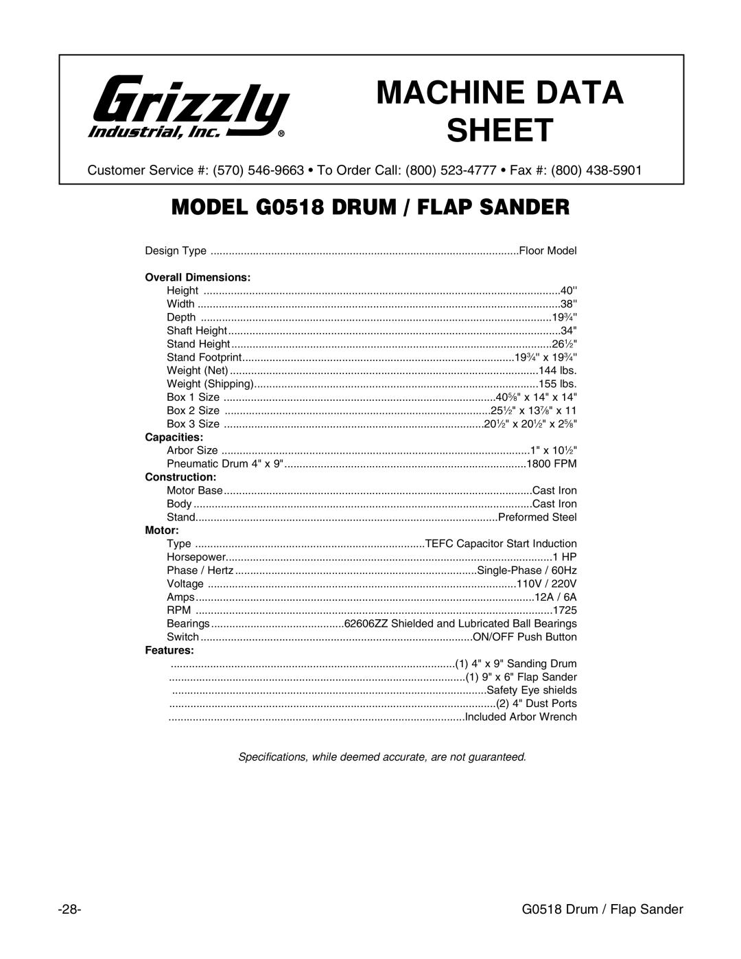 Grizzly G0518 instruction manual Machine Data Sheet 