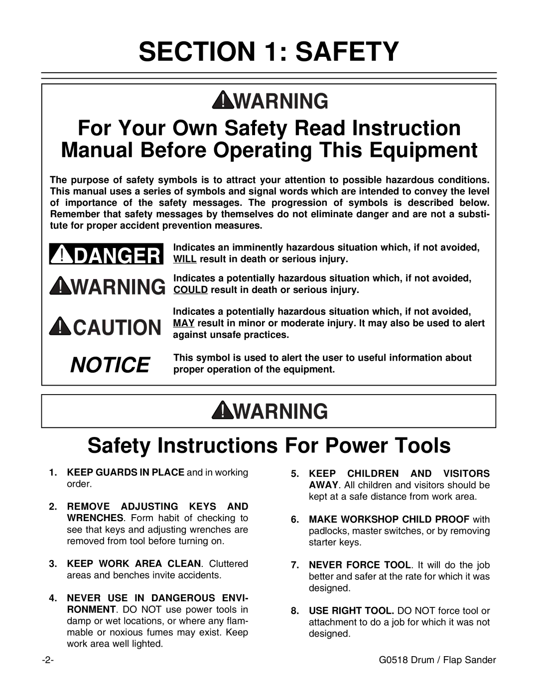 Grizzly G0518 instruction manual Safety Instructions For Power Tools 