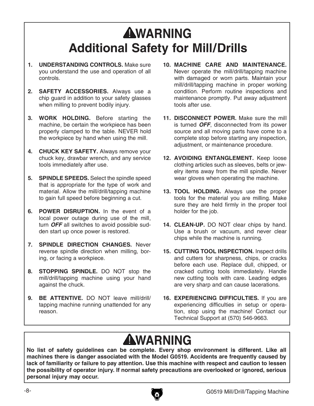Grizzly G0519 owner manual Additional Safety for Mill/Drills 