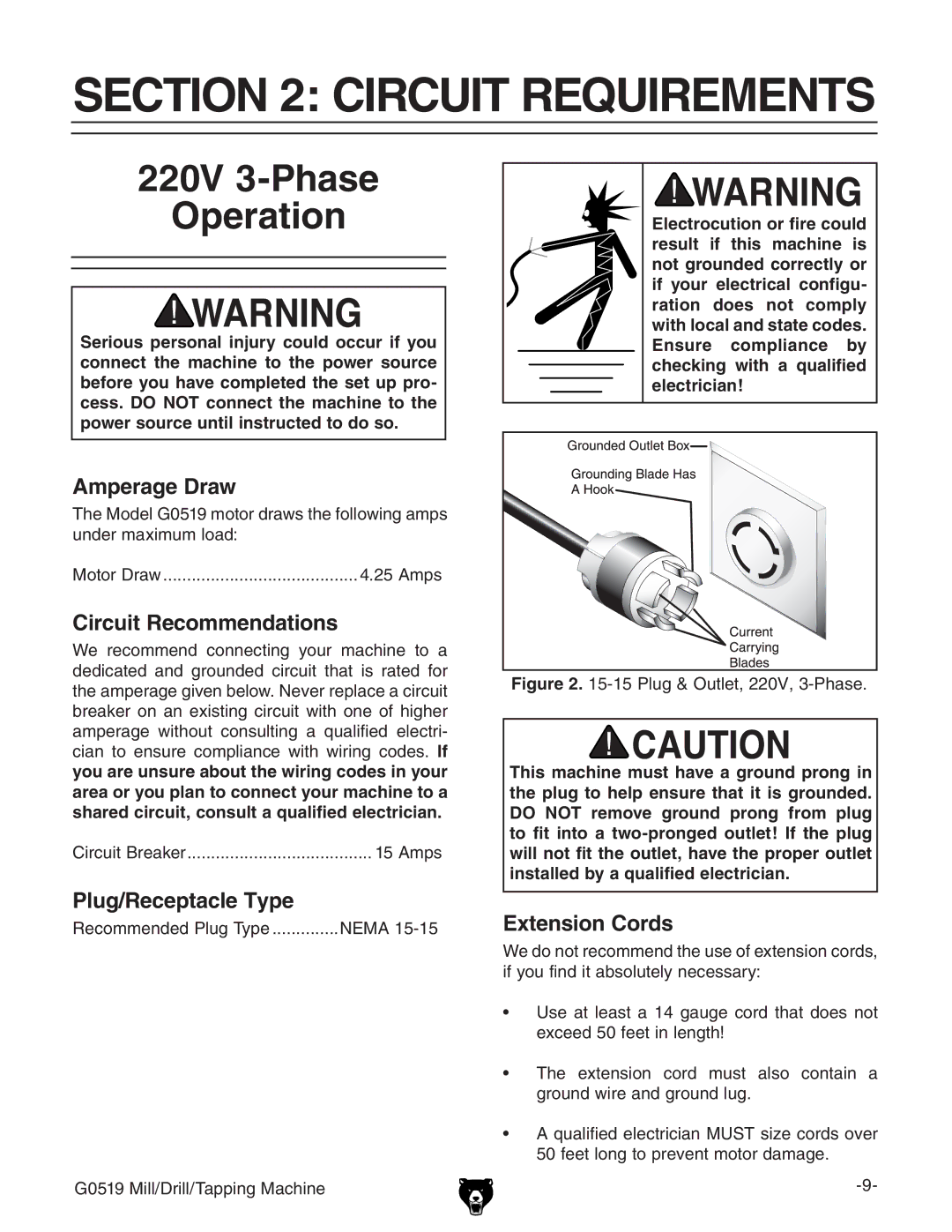 Grizzly G0519 owner manual Circuit Requirements, 220V 3-Phase Operation 