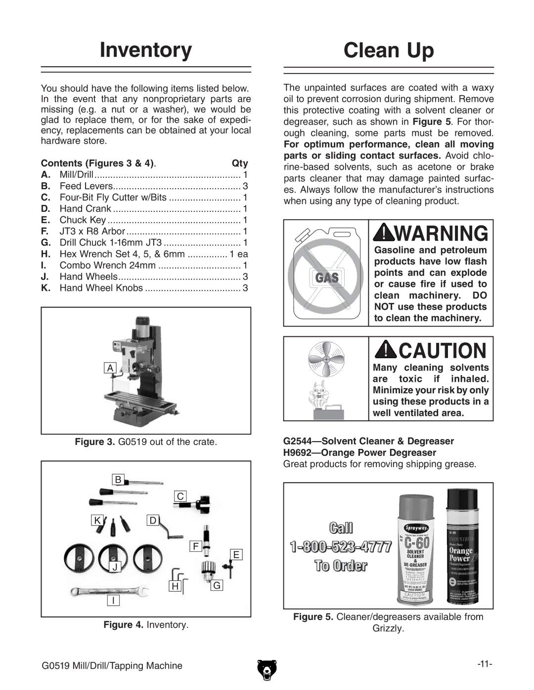 Grizzly G0519 owner manual Inventory Clean Up, Contents Figures 3 & 4# Qty 