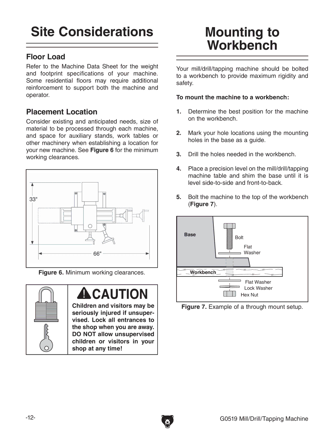 Grizzly G0519 owner manual Site Considerations, Mounting to Workbench, Floor Load, Placement Location 