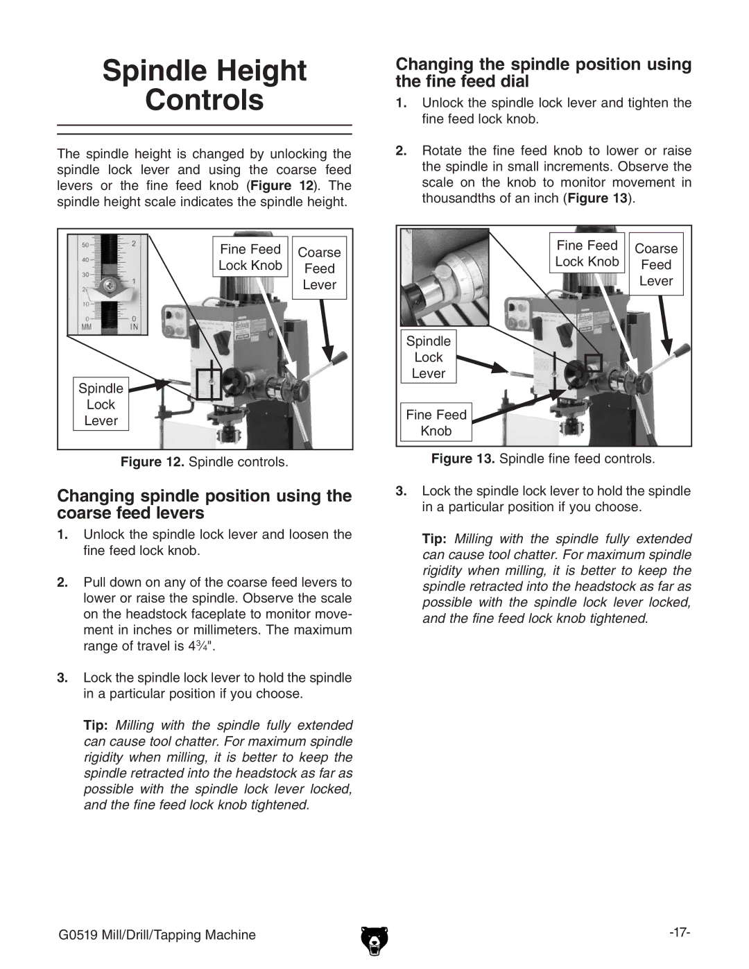 Grizzly G0519 owner manual Changing spindle position using the coarse feed levers 