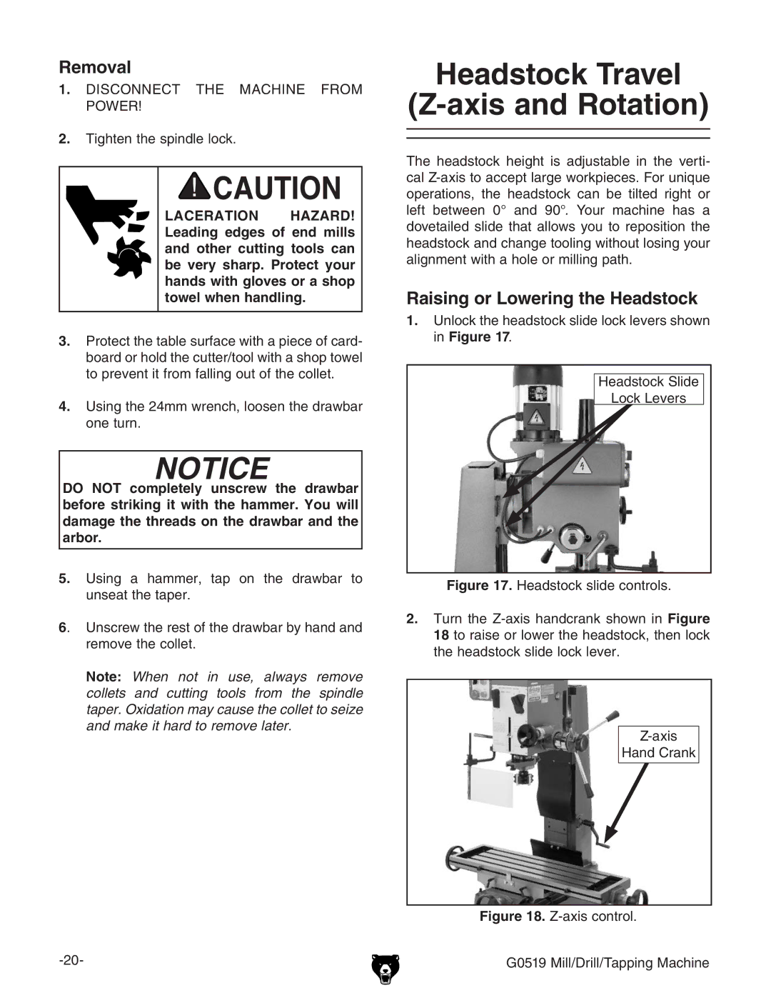 Grizzly G0519 owner manual Headstock Travel Axis and Rotation, Raising or Lowering the Headstock, OVmh =VcY8gVc` 