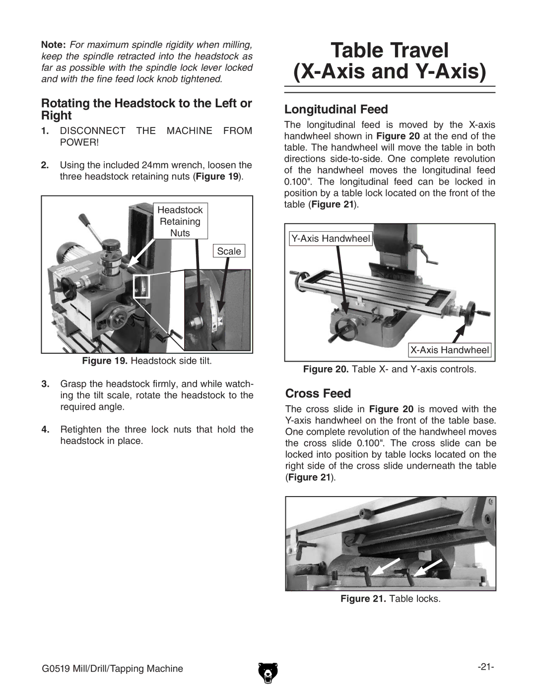 Grizzly G0519 Table Travel Axis and Y-Axis, Rotating the Headstock to the Left or Right, Longitudinal Feed, Cross Feed 