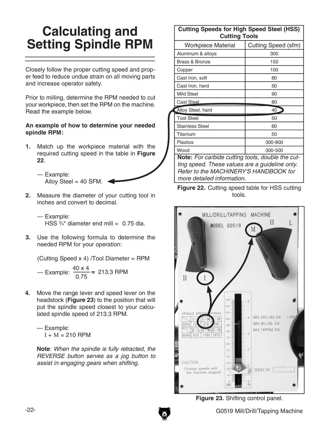 Grizzly G0519 owner manual Calculating Setting Spindle RPM, An example of how to determine your needed spindle RPM 