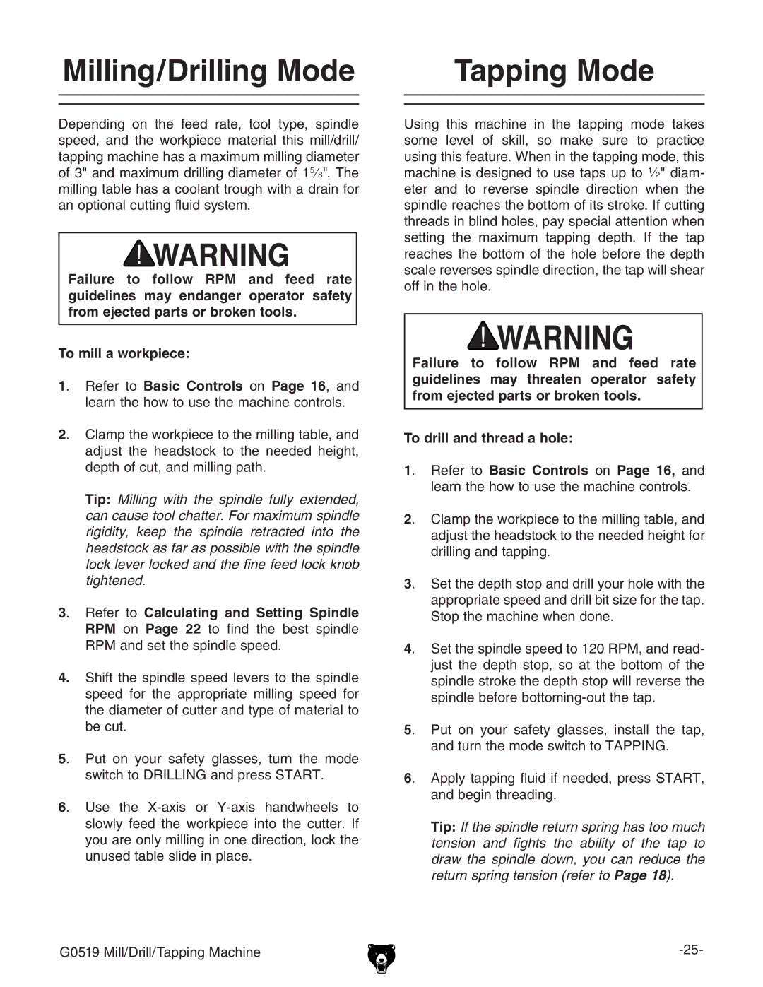 Grizzly G0519 owner manual Tapping Mode, WZXji#, HideiZbVXcZlZcYdcZ# 