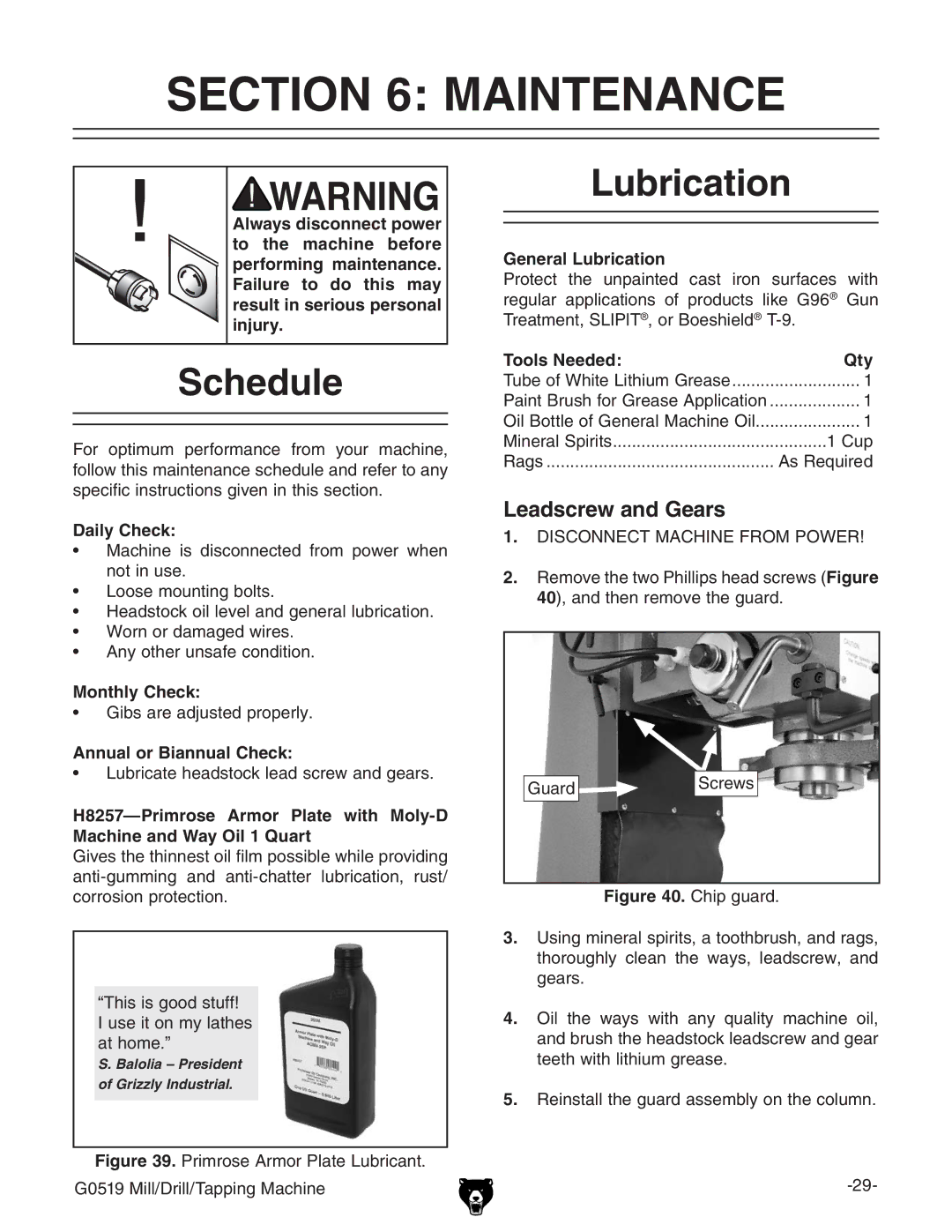 Grizzly G0519 owner manual Maintenance, Schedule, Lubrication, Leadscrew and Gears 