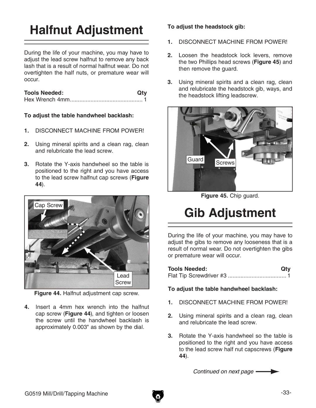 Grizzly G0519 owner manual Halfnut Adjustment, Gib Adjustment 