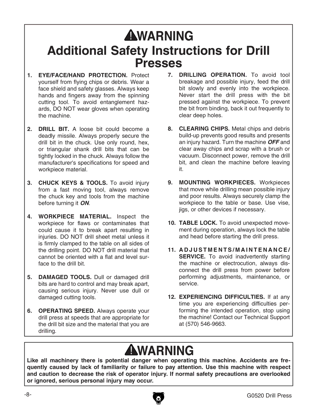 Grizzly G0520 owner manual Additional Safety Instructions for Drill Presses 