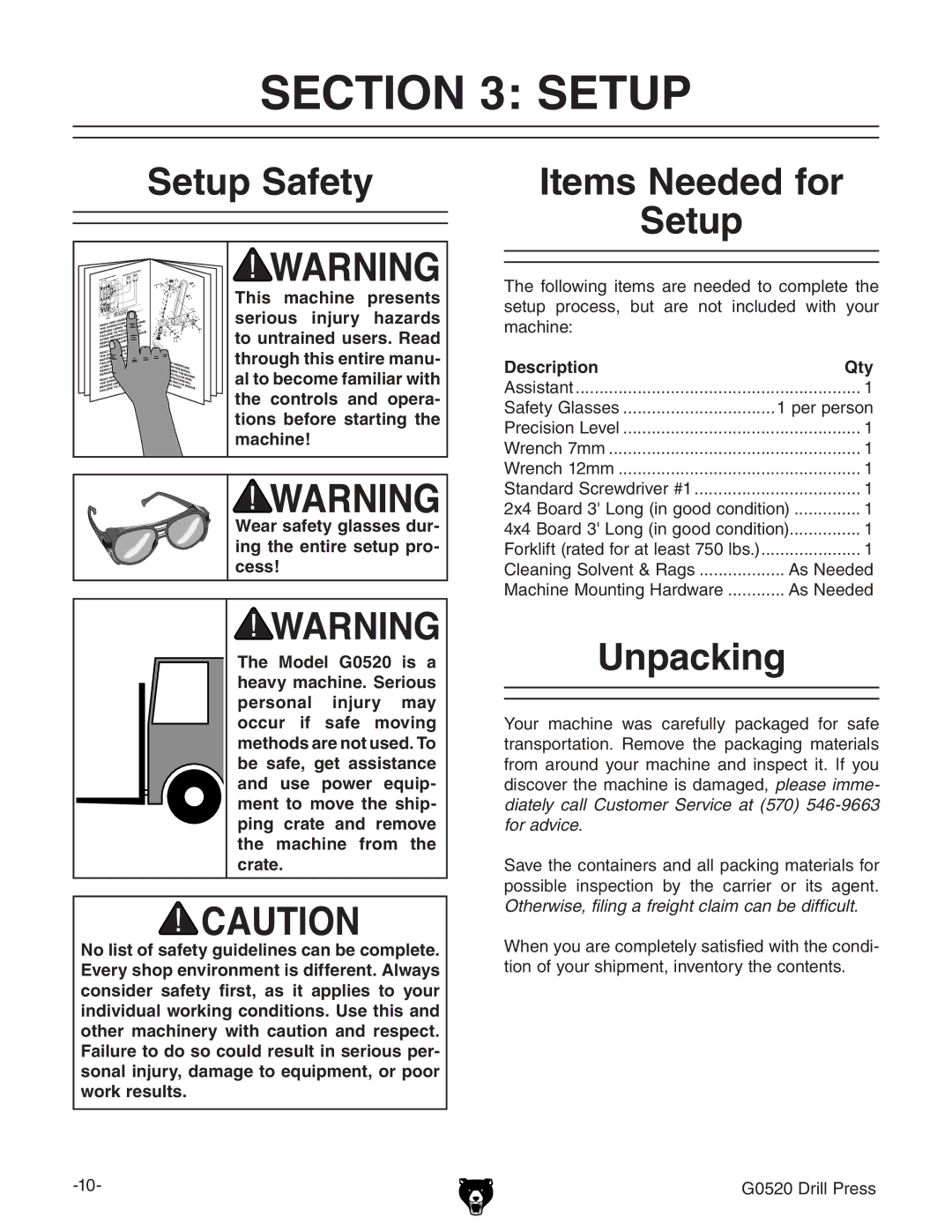 Grizzly G0520 owner manual Setup Safety Items Needed for, Unpacking 