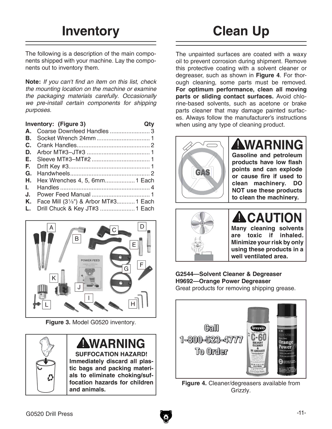 Grizzly G0520 owner manual Inventory Clean Up, Inventory Qty 