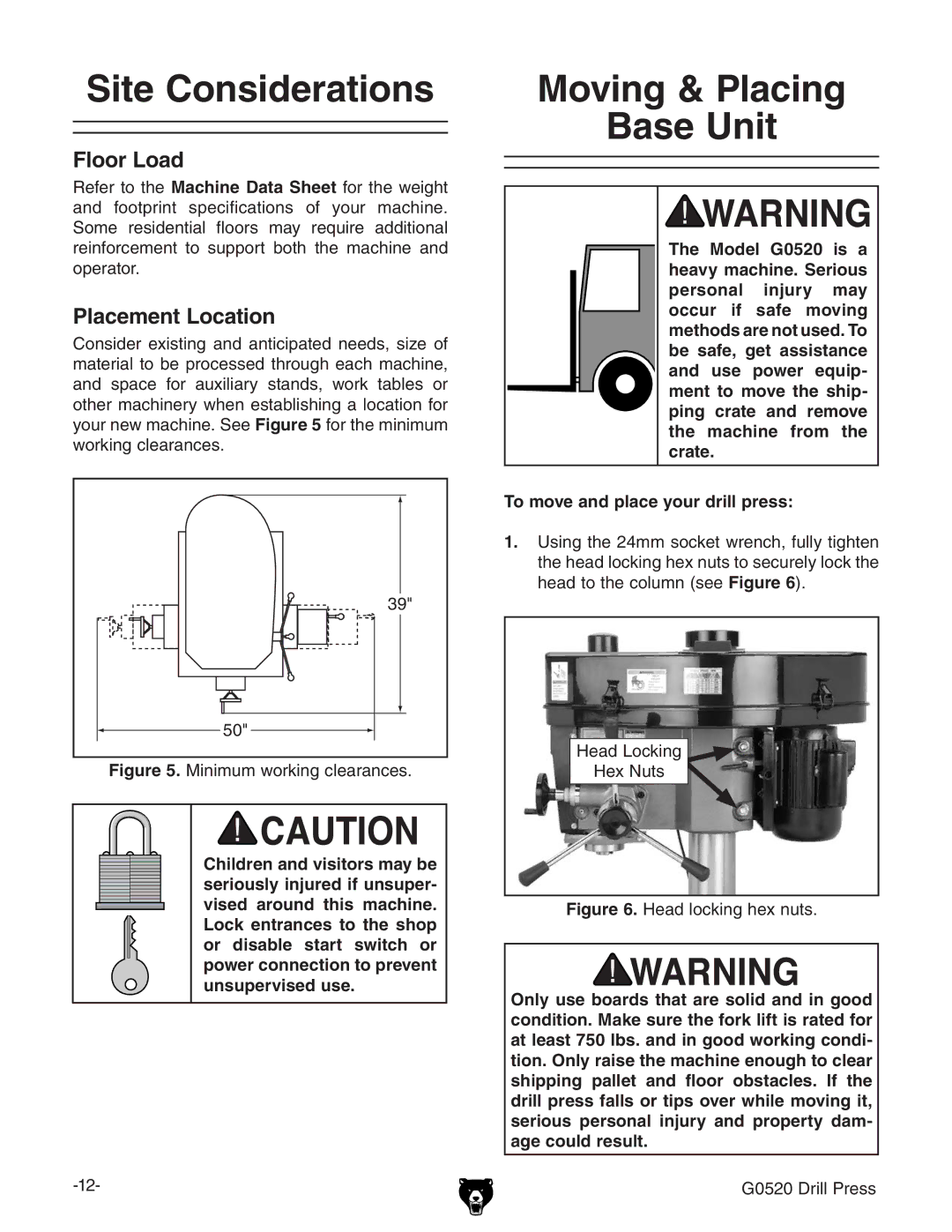 Grizzly G0520 Site Considerations, Moving & Placing Base Unit, Floor Load, Placement Location, =ZVYAdX`c\ =ZmCjih 