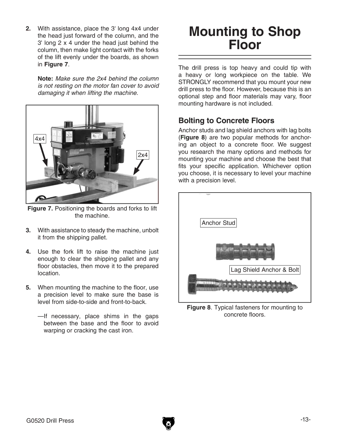 Grizzly G0520 owner manual Mounting to Shop Floor, Bolting to Concrete Floors, 6cXdgHijY AV\HZaY6cXdg7dai 