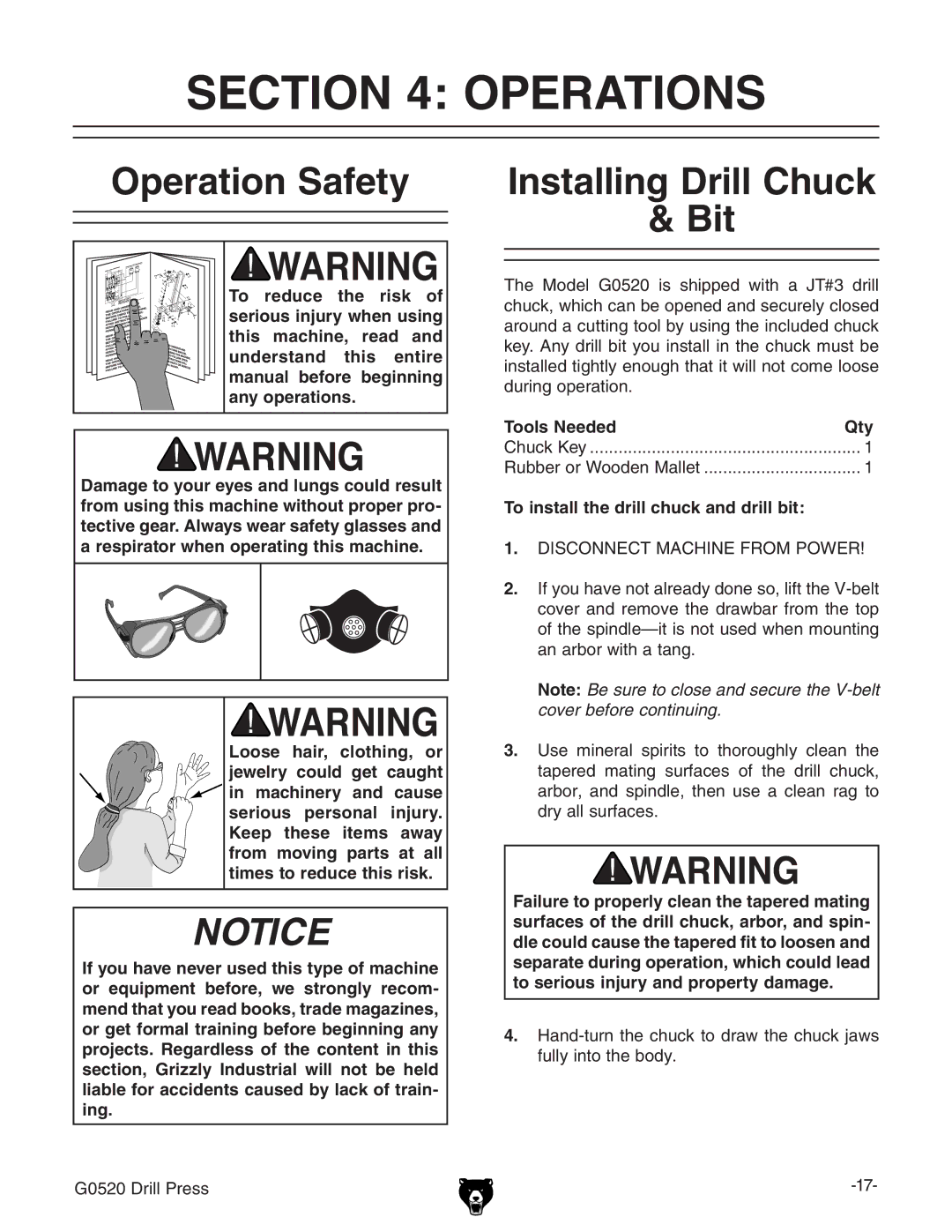 Grizzly G0520 Operations, Operation Safety, Bit, To install the drill chuck and drill bit,  9H8DCC8IB68=CGDBEDLG 