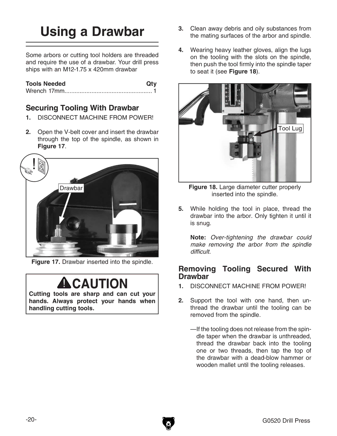 Grizzly G0520 owner manual Using a Drawbar, Securing Tooling With Drawbar, Removing Tooling Secured With Drawbar 