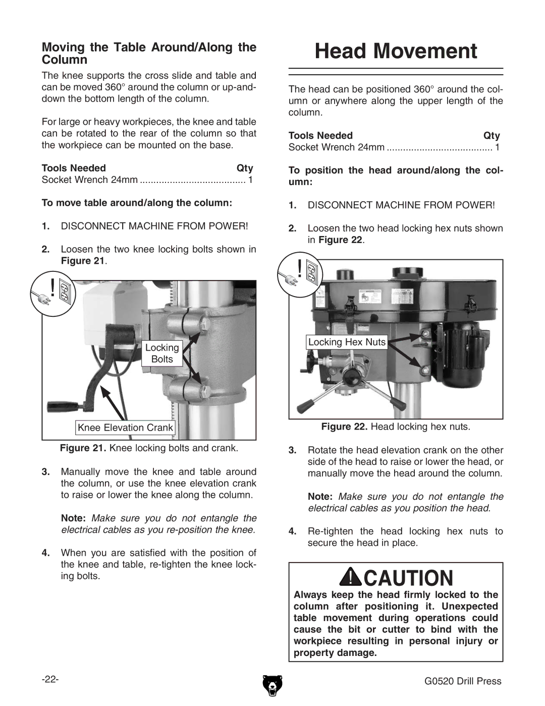 Grizzly G0520 Head Movement, Moving the Table Around/Along the Column, To move table around/along the column,  # 