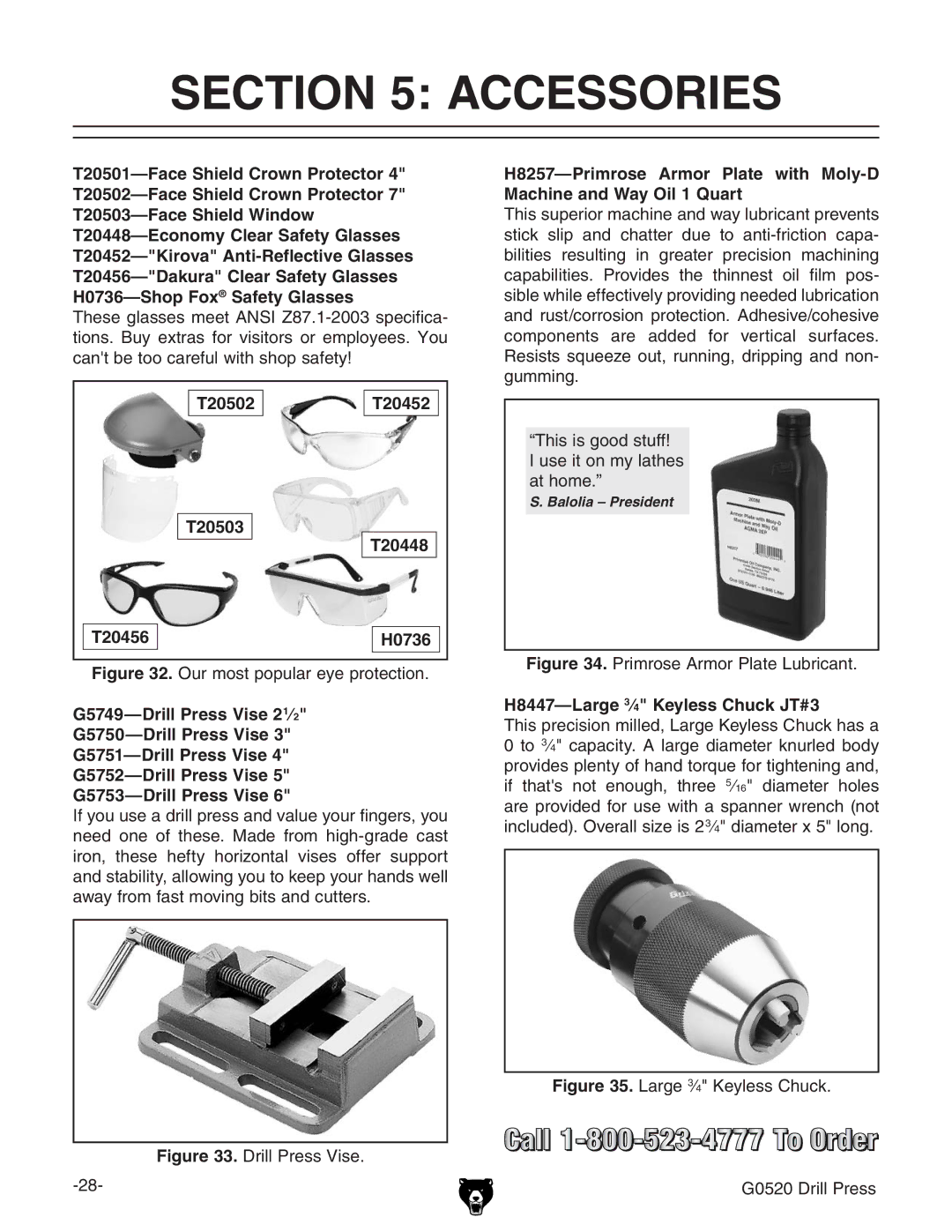 Grizzly G0520 owner manual Accessories, T20502 T20452 T20503 T20448 T20456 H0736, H8447-Large 3⁄4 Keyless Chuck JT#3 