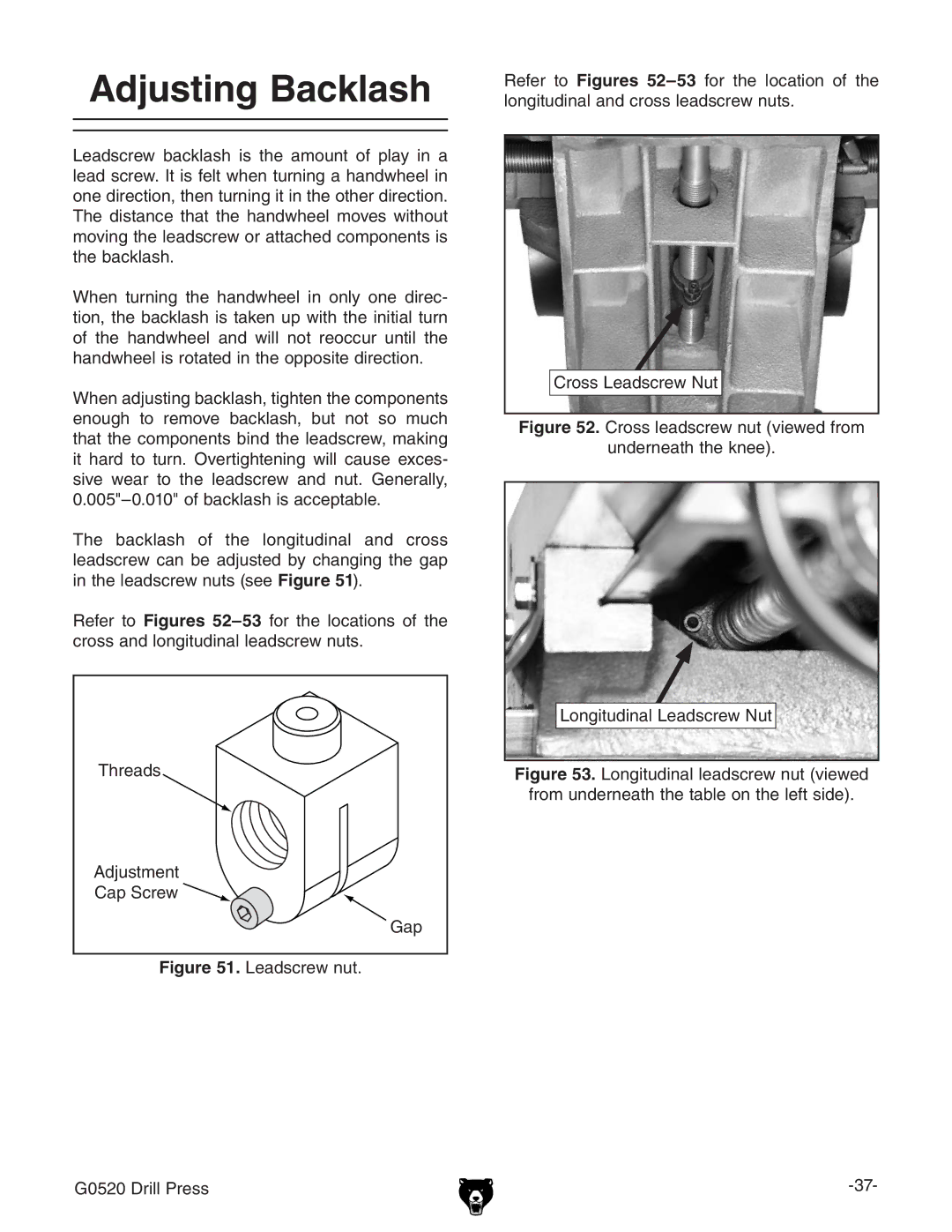 Grizzly G0520 owner manual Adjusting Backlash, IgZVYh 6YjhibZci 8VeHXgZl, 8gdhhAZVYhXgZlCji, Adc\ijYcVaAZVYhXgZlCji 