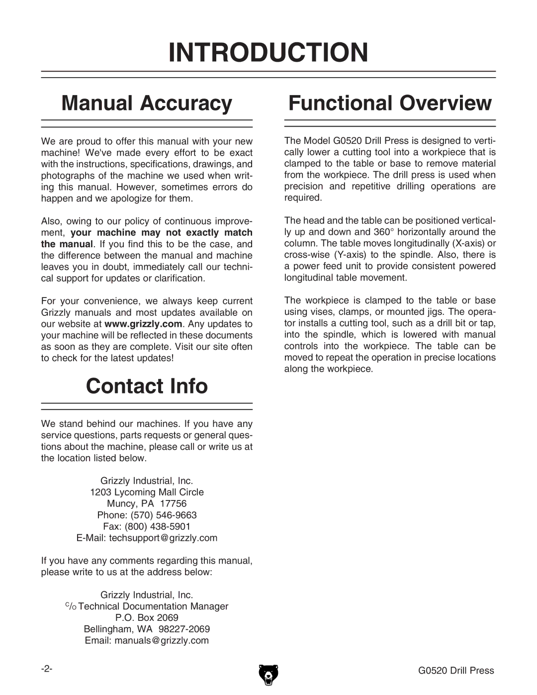 Grizzly G0520 owner manual Introduction, Manual Accuracy Functional Overview, Contact Info, 9gaaEgZhh 