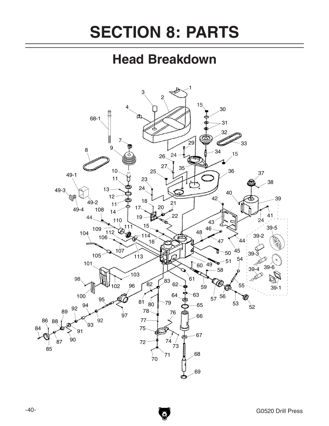 Grizzly G0520 owner manual Parts, Head Breakdown 