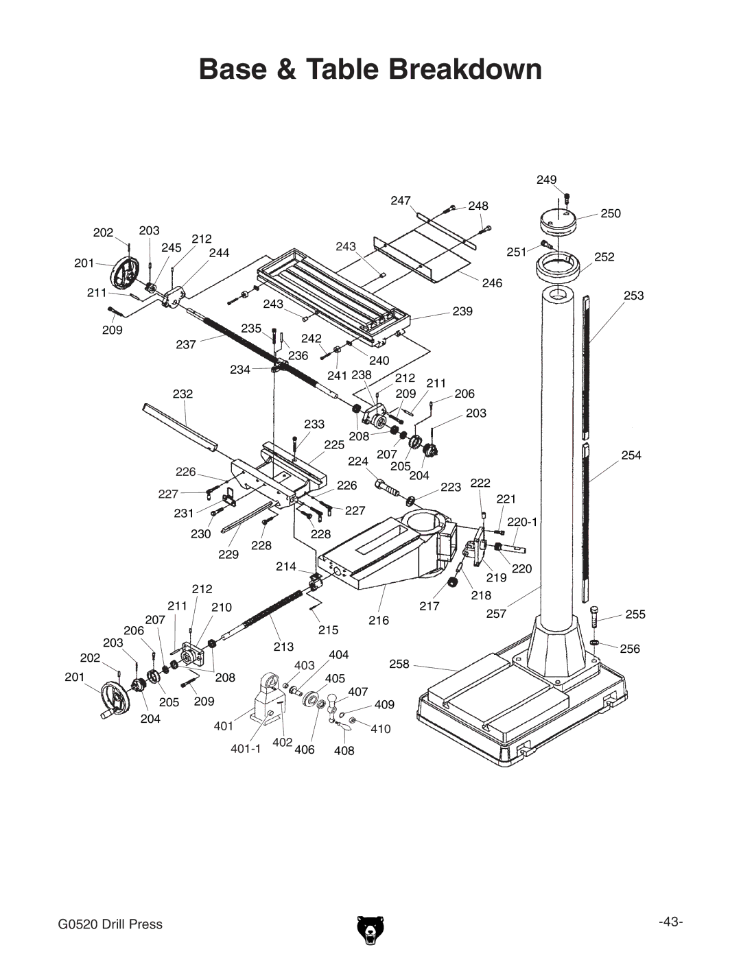 Grizzly G0520 owner manual Base & Table Breakdown 