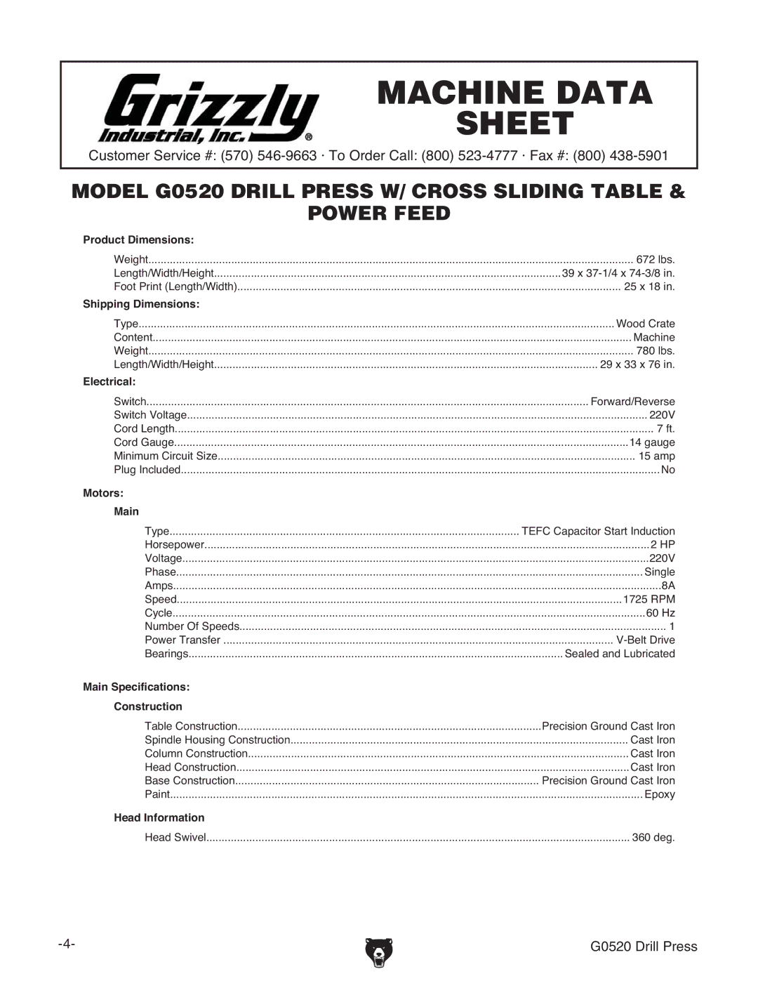 Grizzly G0520 owner manual Machine Data Sheet 