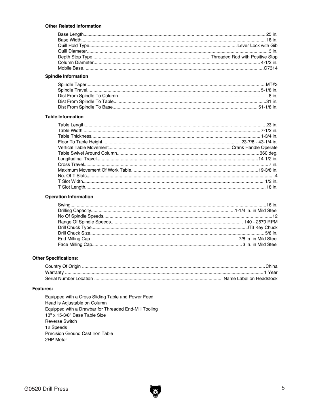 Grizzly G0520 owner manual Other Specifications 