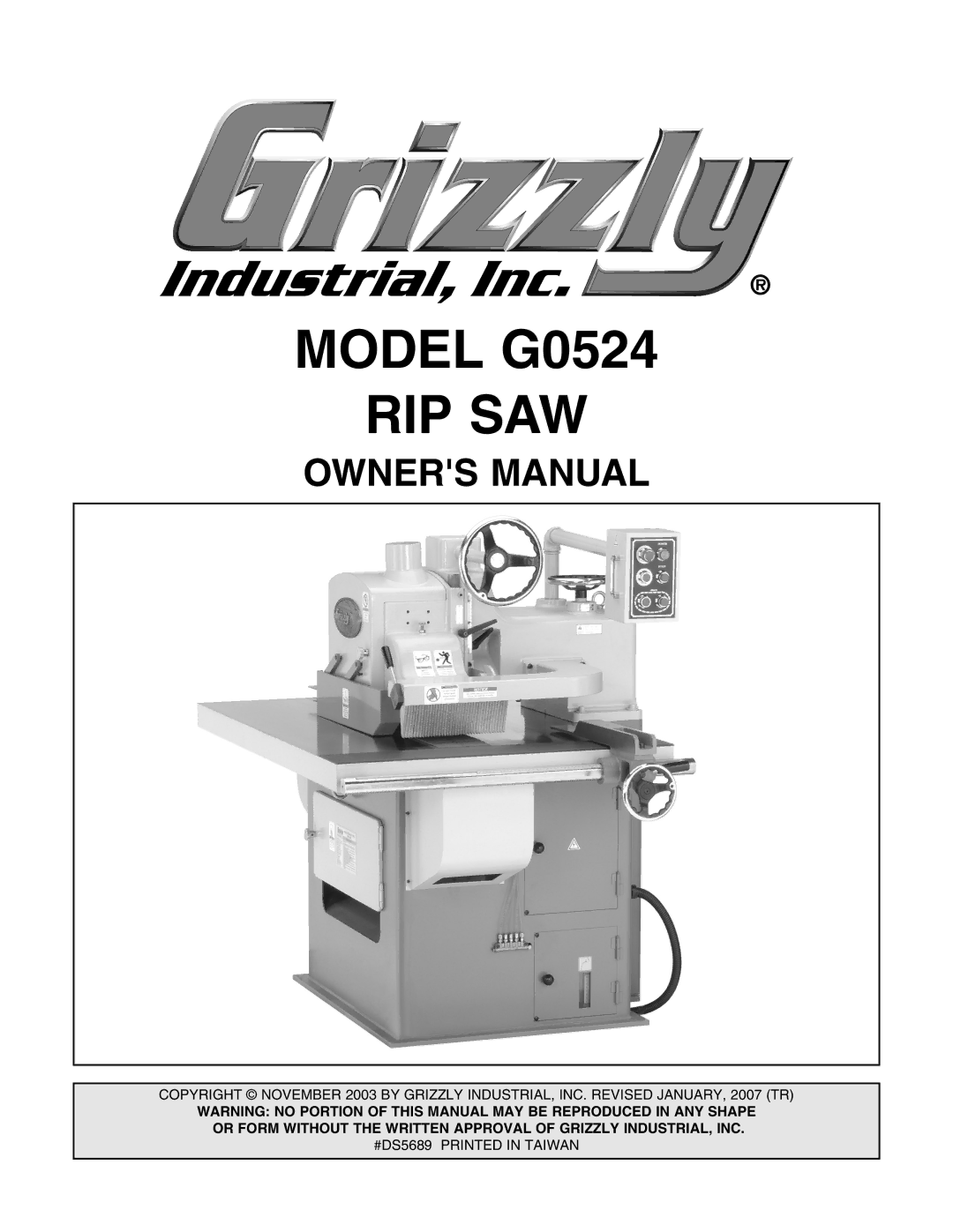 Grizzly owner manual Model G0524 RIP SAW 