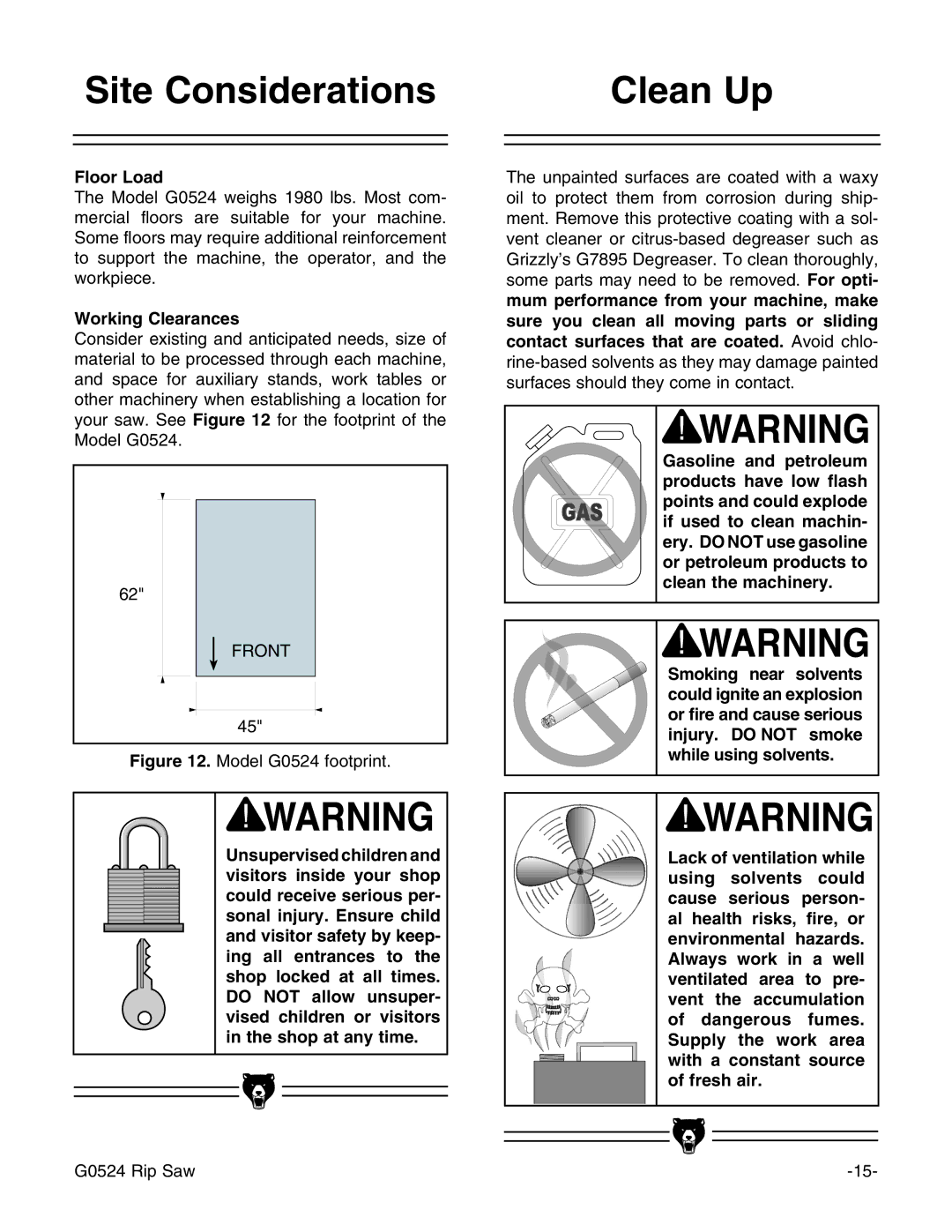 Grizzly G0524 owner manual Site Considerations Clean Up, Floor Load, Working Clearances 