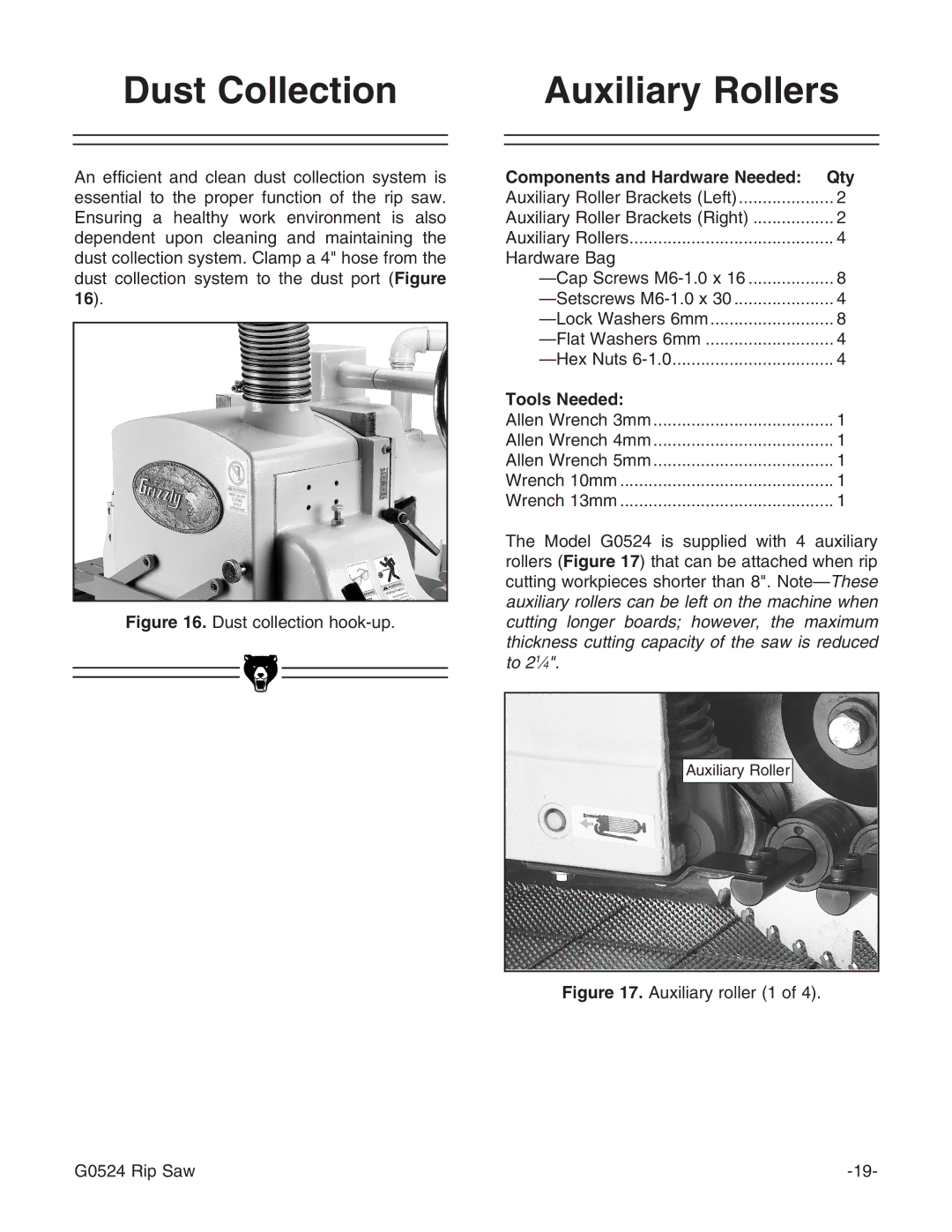 Grizzly G0524 owner manual Dust Collection Auxiliary Rollers, Components and Hardware Needed Qty, Tools Needed 