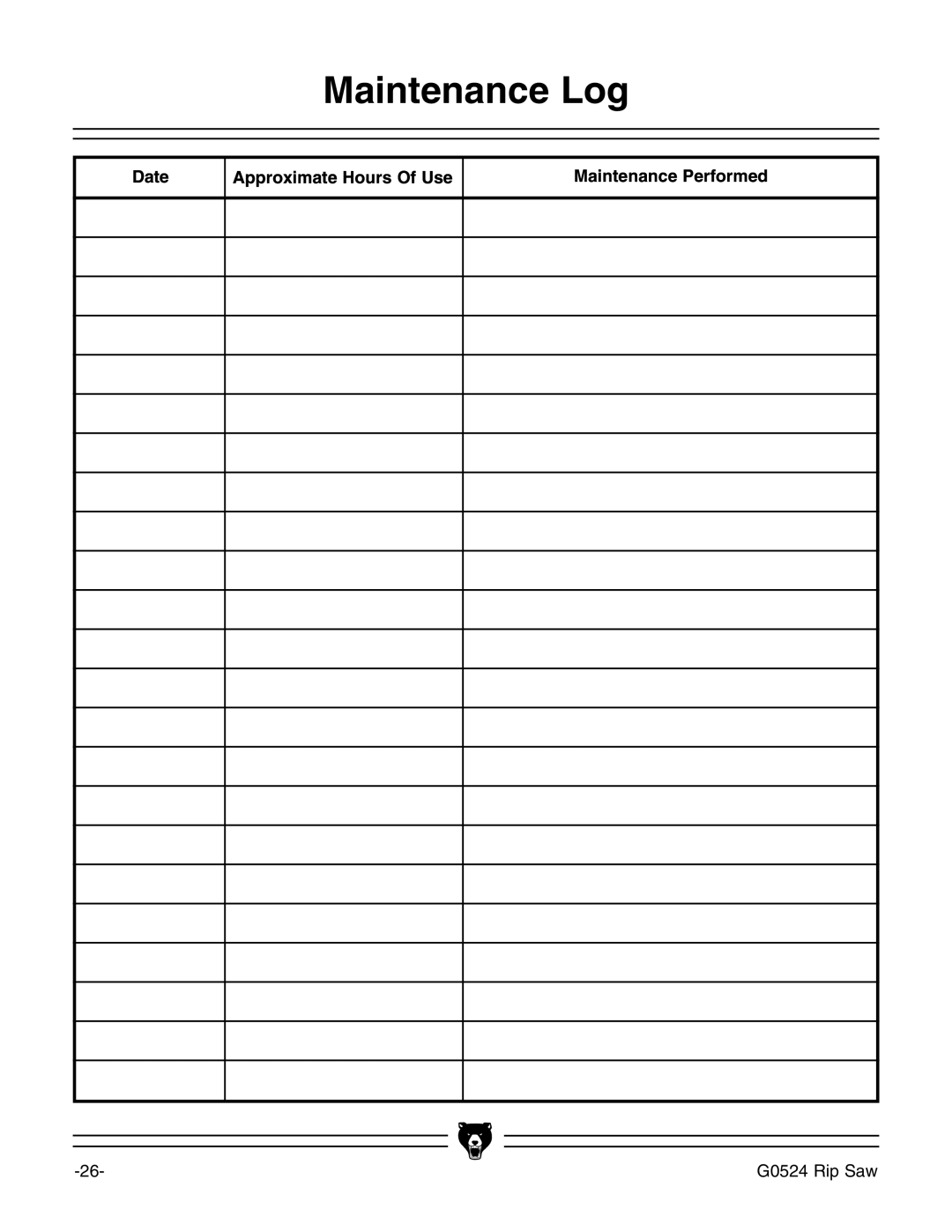 Grizzly G0524 owner manual Maintenance Log, Date Approximate Hours Of Use Maintenance Performed 