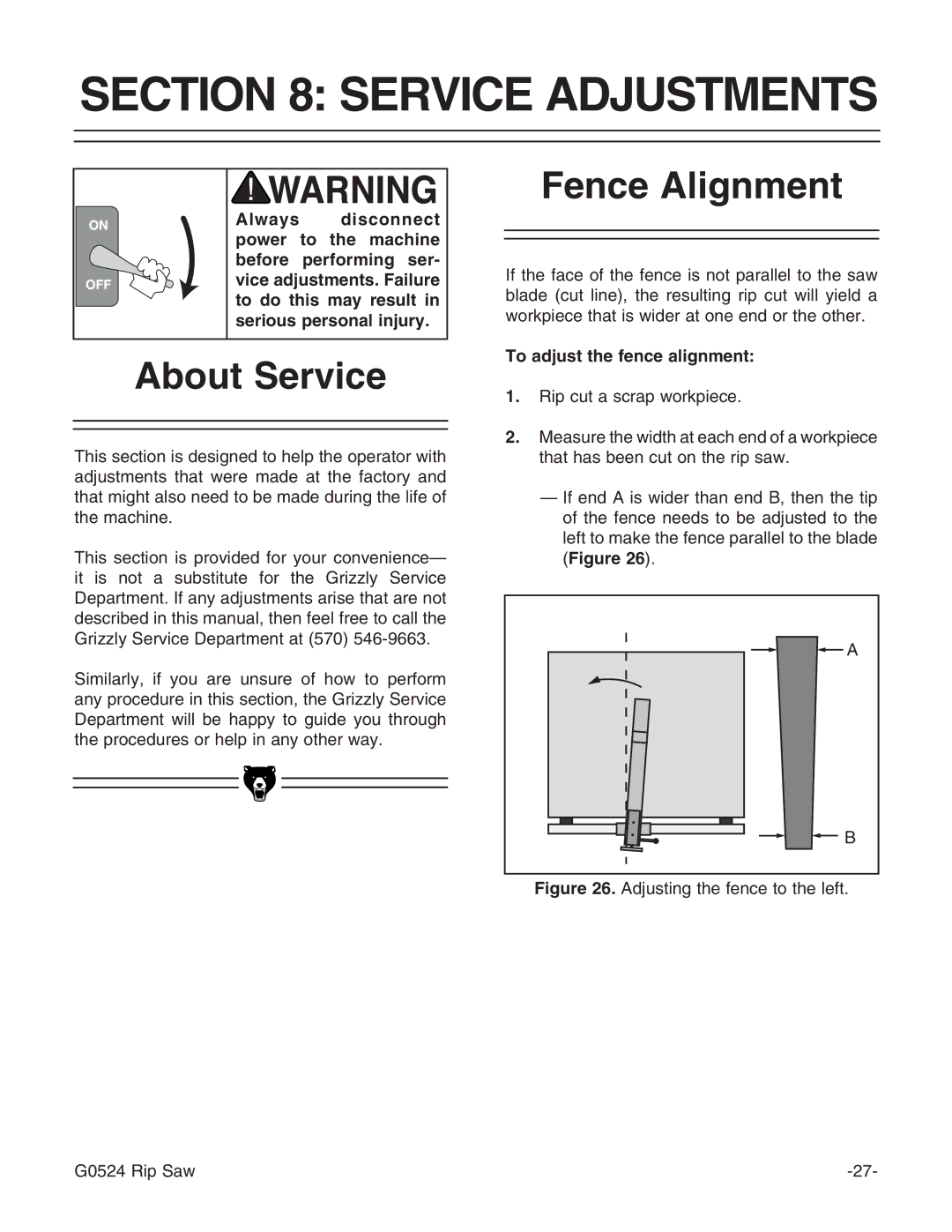 Grizzly G0524 owner manual Service Adjustments, About Service, Fence Alignment, To adjust the fence alignment 