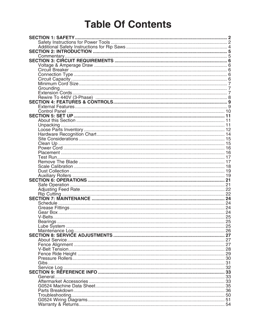 Grizzly G0524 owner manual Table Of Contents 