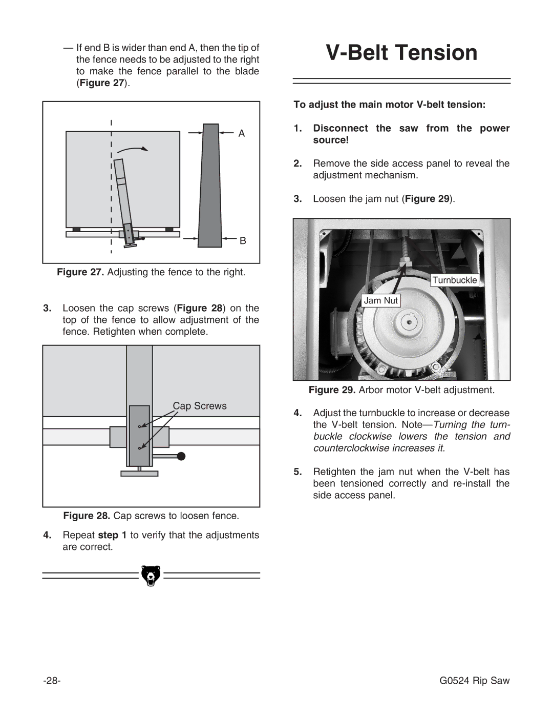 Grizzly G0524 owner manual Belt Tension 