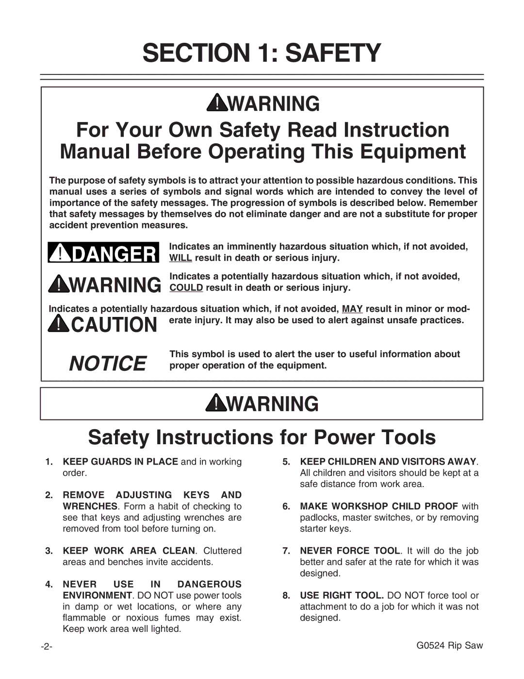 Grizzly G0524 owner manual Safety Instructions for Power Tools 