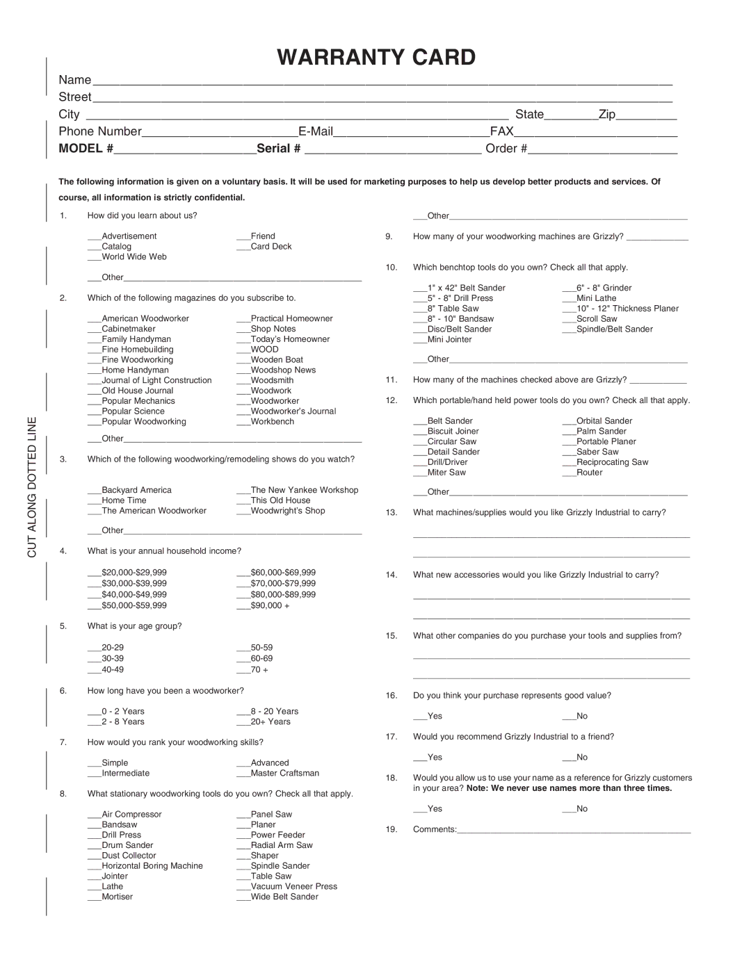 Grizzly G0524 owner manual Warranty Card 