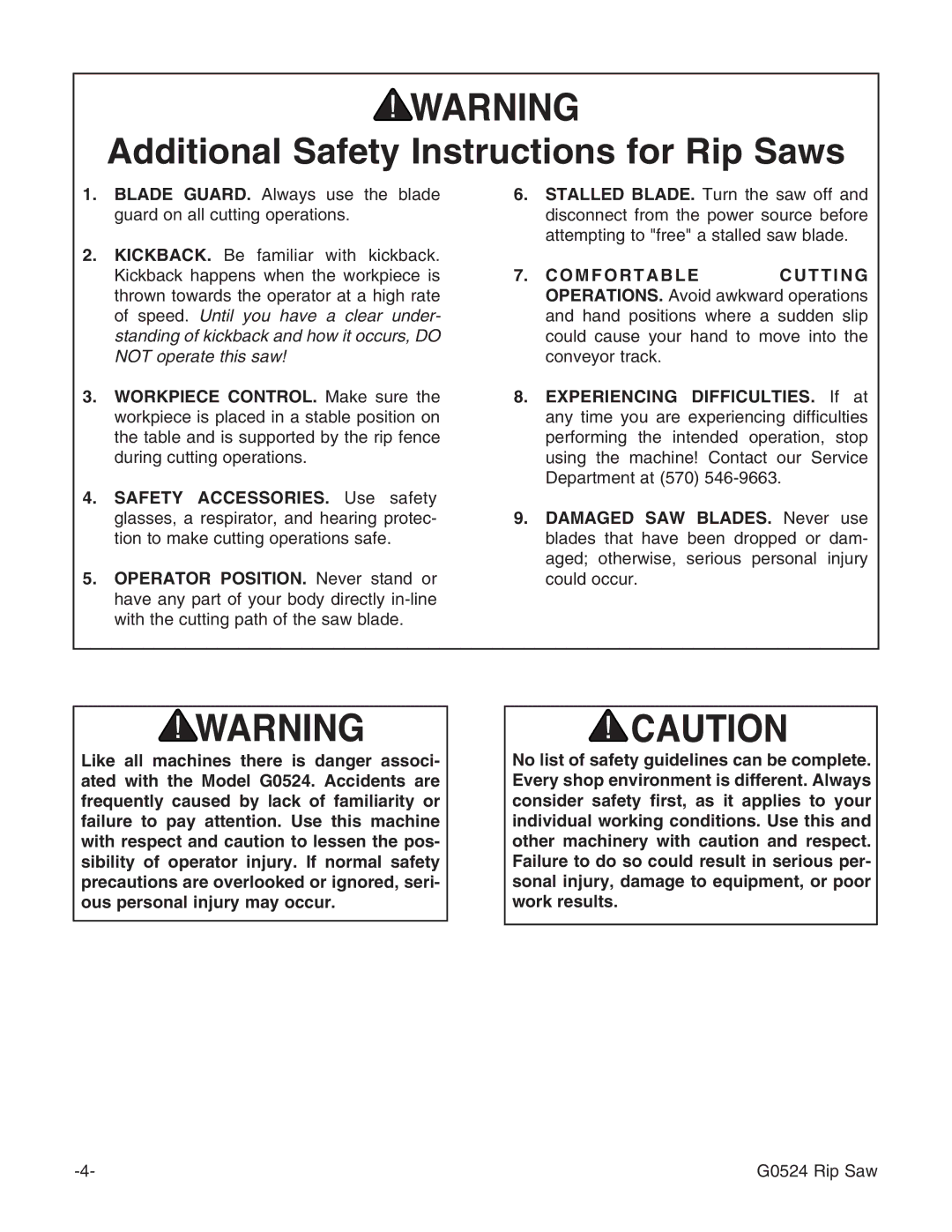 Grizzly G0524 owner manual Additional Safety Instructions for Rip Saws 