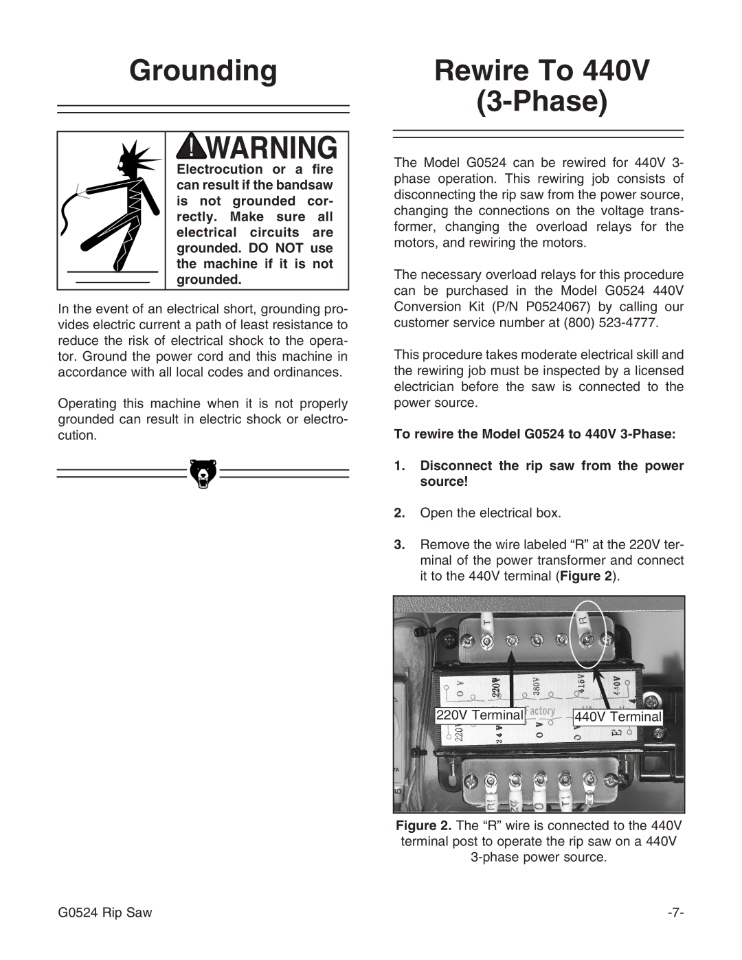 Grizzly G0524 owner manual Grounding Rewire To Phase 