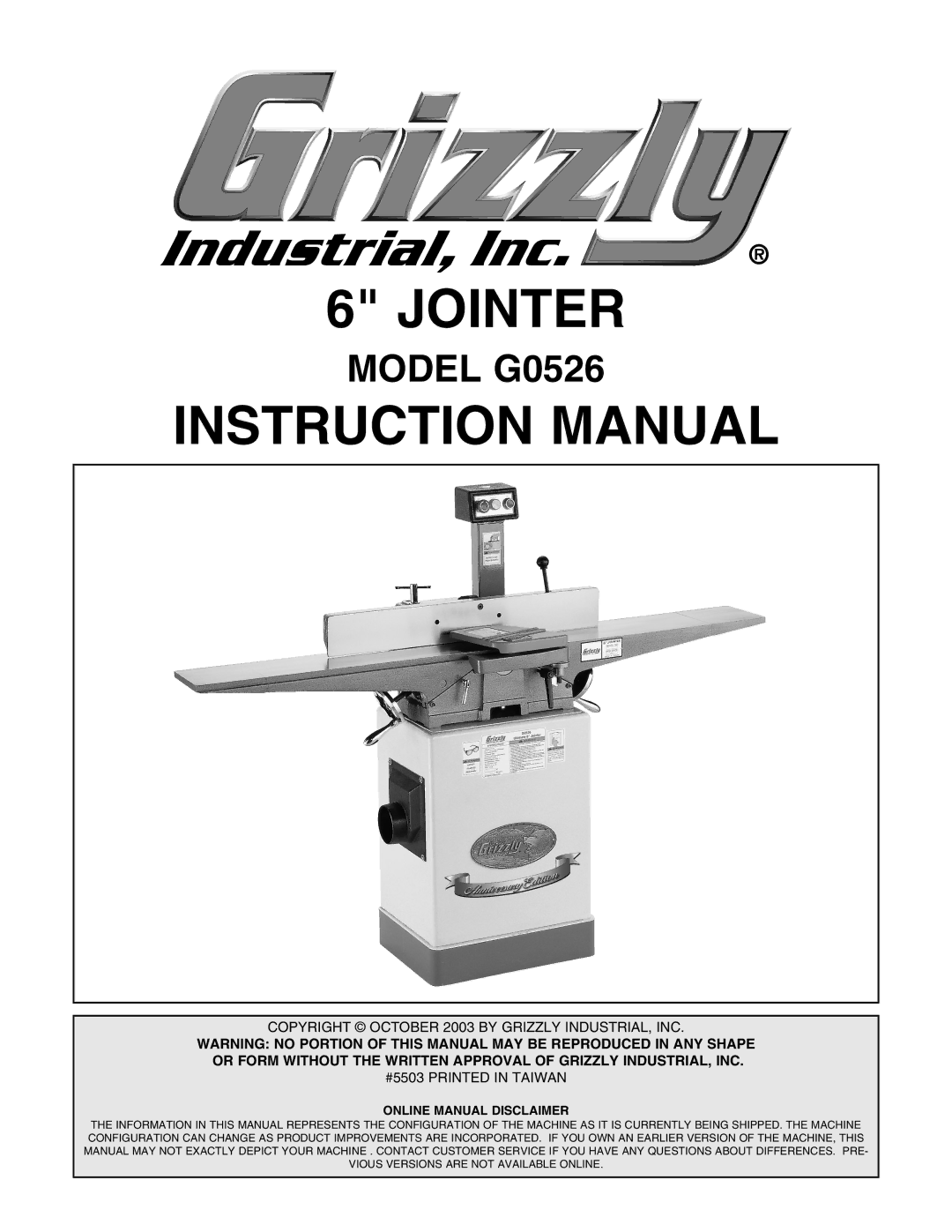 Grizzly G0526 instruction manual Jointer 