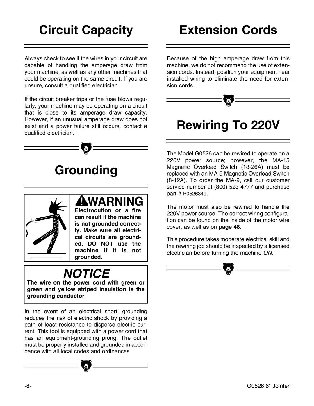 Grizzly G0526 instruction manual Circuit Capacity Extension Cords, Grounding, Rewiring To 