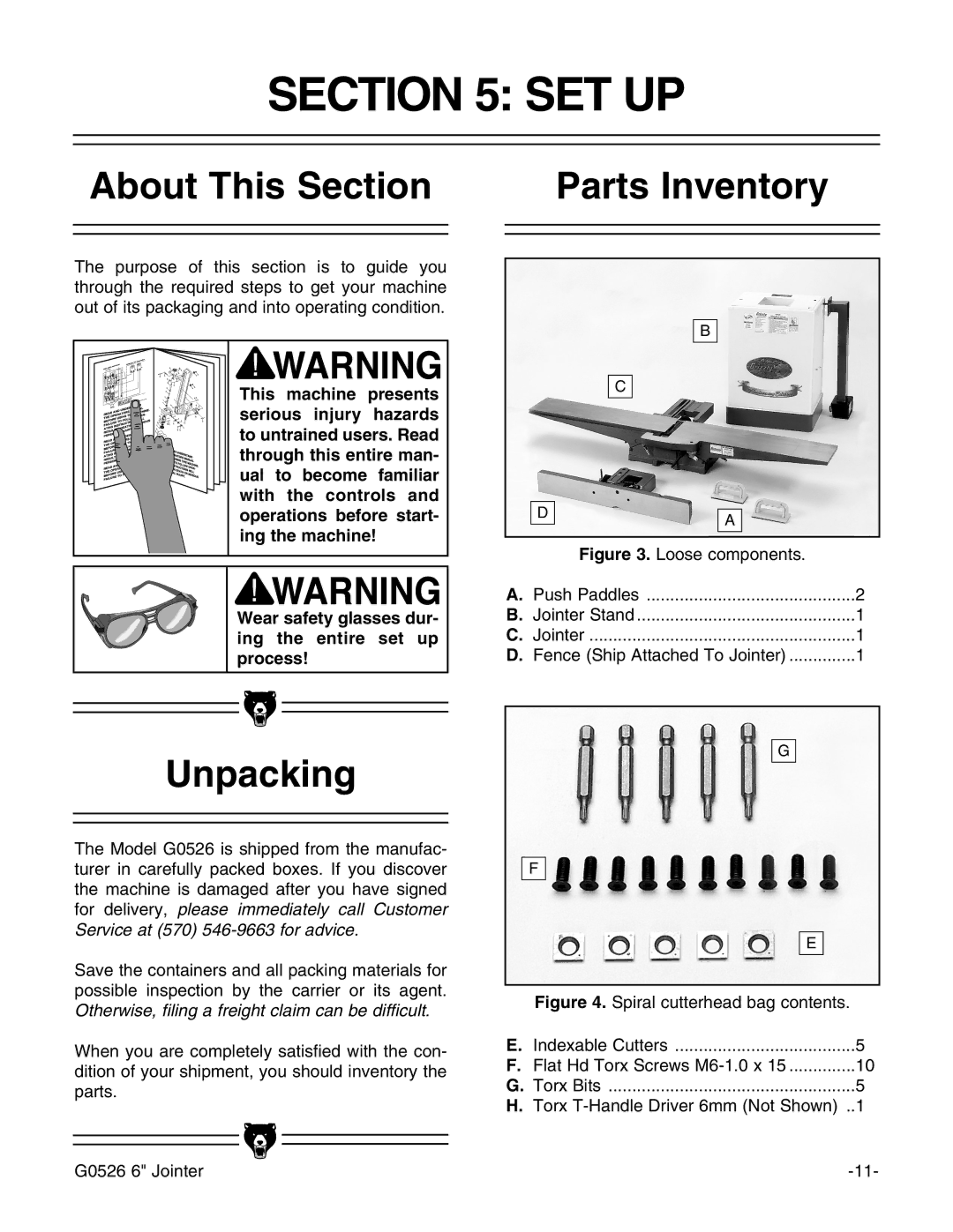 Grizzly G0526 instruction manual Set Up, About This Section Parts Inventory, Unpacking 