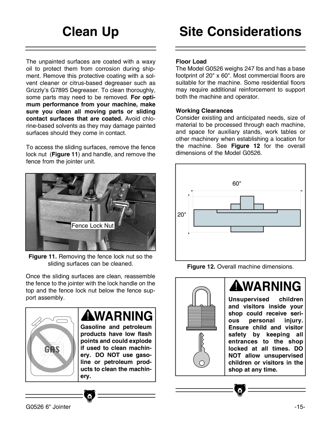 Grizzly G0526 instruction manual Clean Up Site Considerations, Working Clearances 