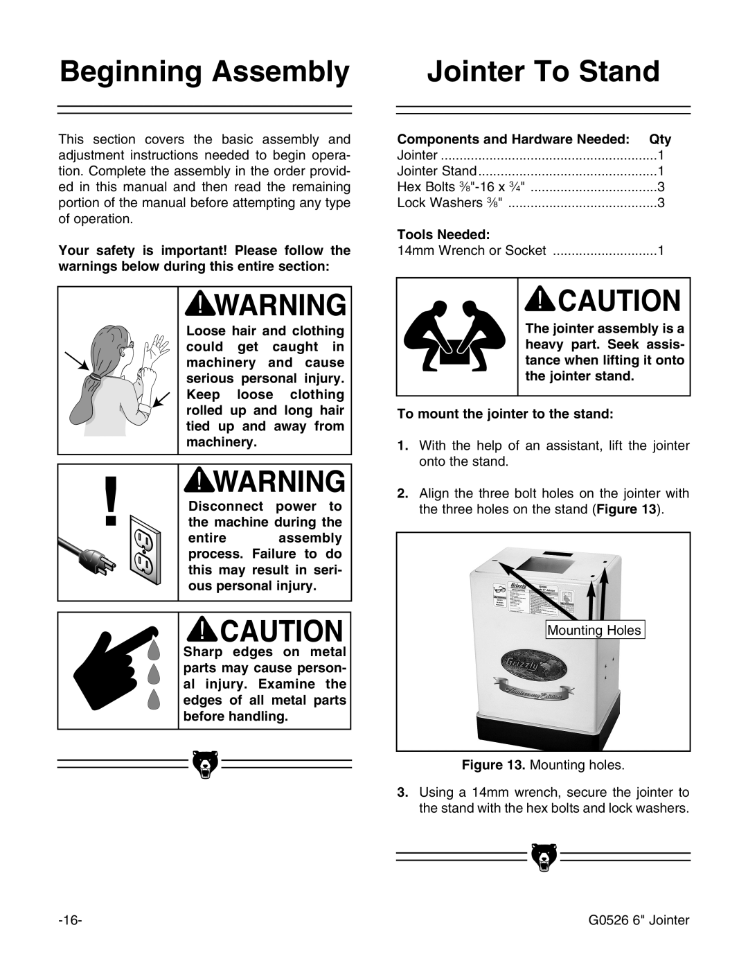 Grizzly G0526 instruction manual Beginning Assembly Jointer To Stand, Tools Needed 