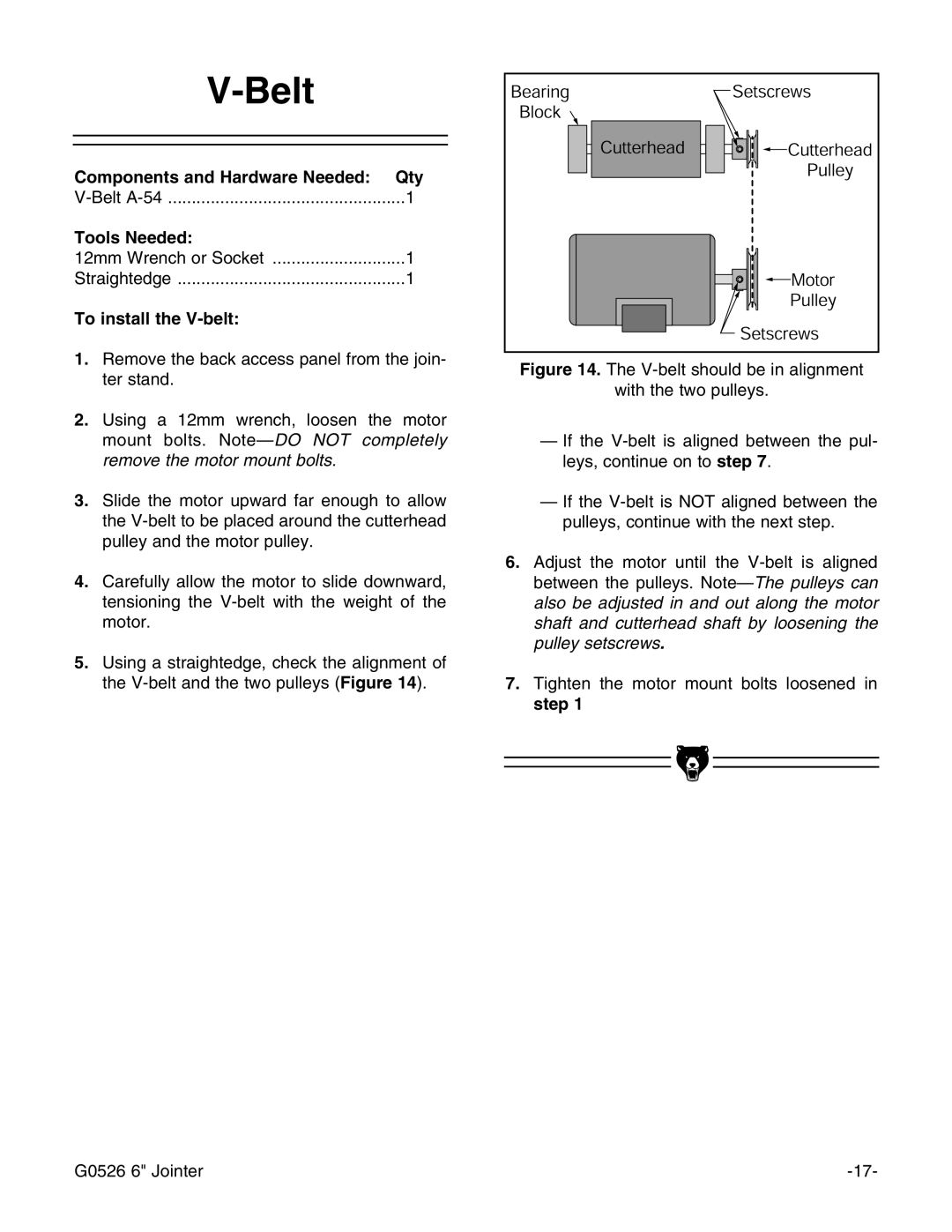 Grizzly G0526 instruction manual Belt, To install the V-belt 