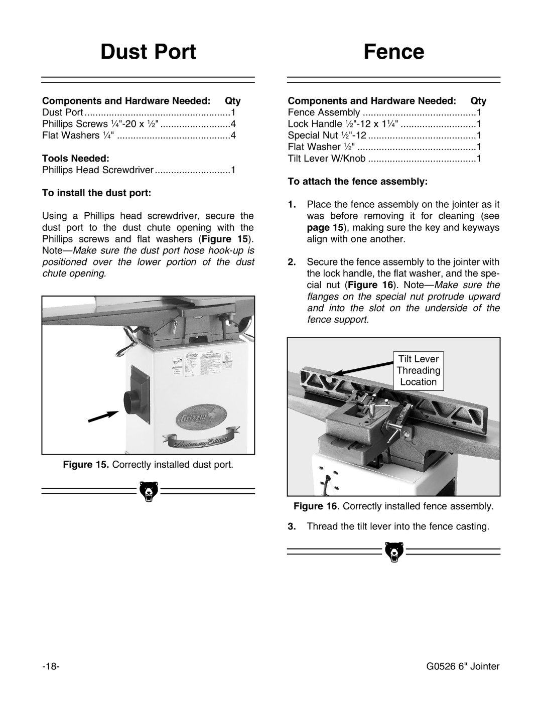 Grizzly G0526 instruction manual Dust Port Fence, To install the dust port, To attach the fence assembly 