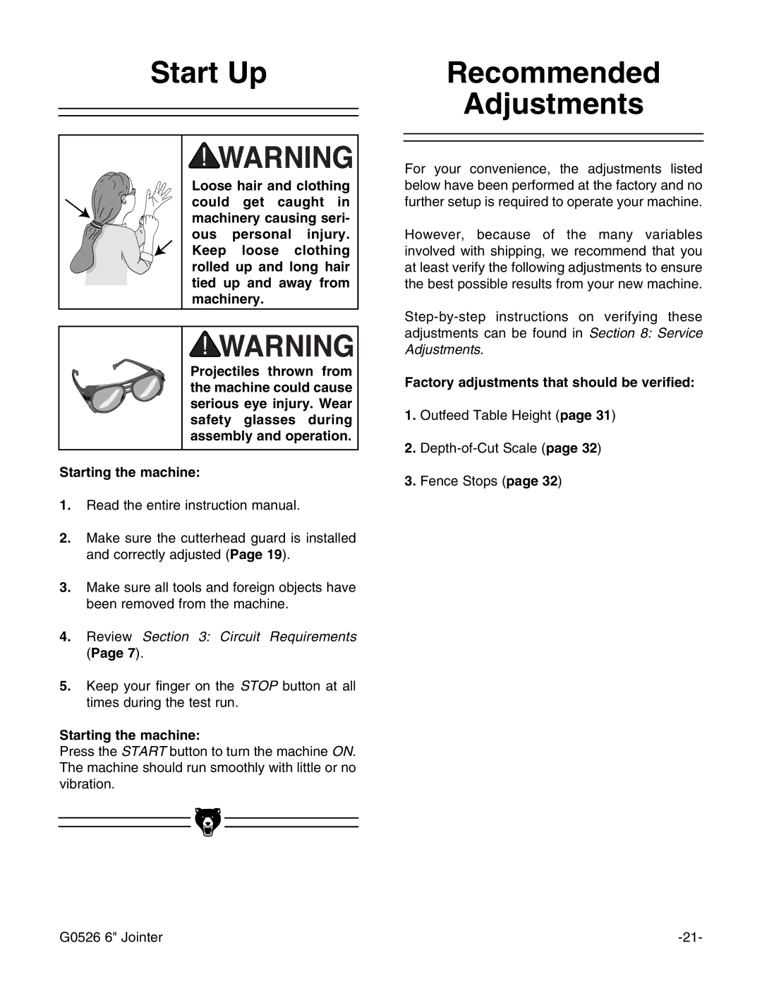 Grizzly G0526 instruction manual Start Up Recommended Adjustments, Factory adjustments that should be verified 